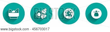 Set Wonton, Chicken Egg With Vegerables, Kung Pao Chicken And Icon With Long Shadow. Vector