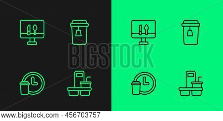 Set Line Coffee Cup To Go, Round The Clock Delivery, Online Ordering Food And Cup Tea Icon. Vector