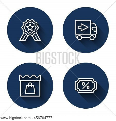 Set Line Stars Rating, Delivery Cargo Truck, Shopping Day And Discount Percent Tag With Long Shadow.