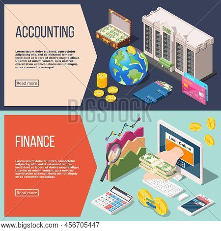 Set Of Two Horizontal Isometric Accounting Banners With Editable Text Read More Button And Financial