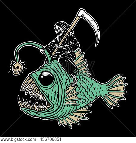 Skull Grim Riding Ghost Fish Illustration Hand Drawn