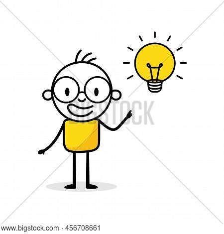 Businessman Who Has A Light Bulb Above His Head On White Background. Hand Drawn Doodle Man. Idea And