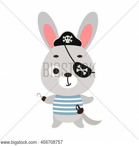 Cute Little Pirate Bunny With Hook And Blindfold. Cartoon Animal Character For Kids T-shirts, Nurser