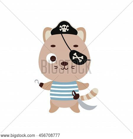 Cute Little Pirate Cat With Hook And Blindfold. Cartoon Animal Character For Kids T-shirts, Nursery 