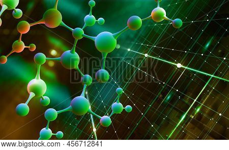 Abstract Molecule Model. Digital Nanostructure. Scientific Research In Molecular Chemistry. 3d Illus