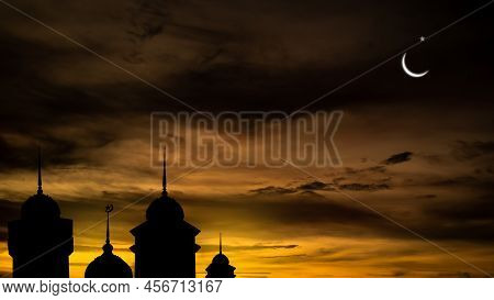 Ramadan, Eid Ai-fitr,new Year Muharram Islamic Religion Symbols With Silhouette Mosque Dome And Cres