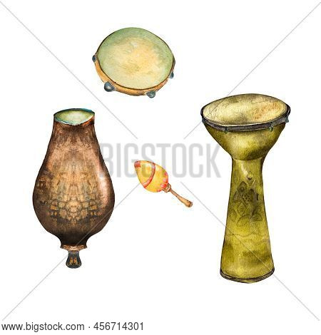 Set Of Percussion Musical Instruments Watercolor Illustration Isolated. Maraca, Tambourine, Conga Ha