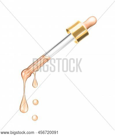 Close Up 3d Rendering Beige Foundation Or Foundation On A Cosmetic Pipette. Drops Of Cream With Shin