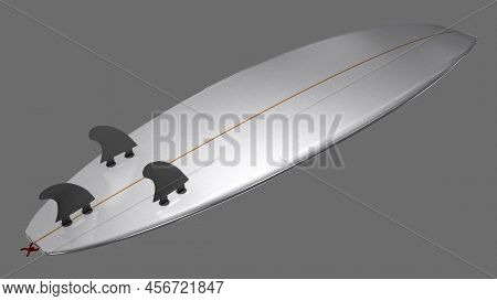 Underside Of A Short Surfboard With Fins And Fin Plugs - 3d Illustration