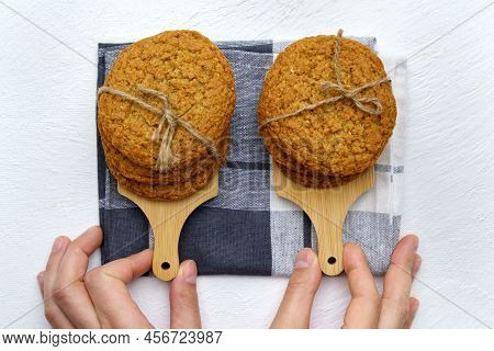 Oatmeal Cookies Prepared On A Plate In Kitchen. Making Craft Cookies. Flat Lay