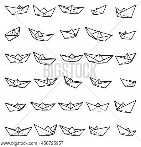 Set Of Vector Illustrations Of Paper Boat Icons. Outline Simple Paper Boat Isolated On White Backgro
