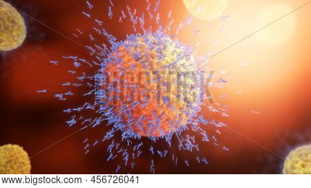 3d Illustration Of Antibodies Attacking Virus Cell Into The Bloodstream