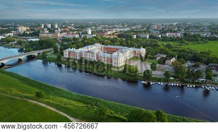 Aerial View Of Jelgava City Panorama Llu Palace In Latvia, Zemgale. Largest Baroque Style Castle In 
