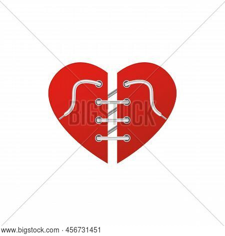 Laces Cords Inserted In Two Parts Of Heart, 3d Vector Illustration Isolated.