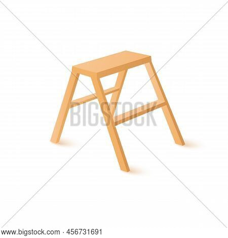Portable Wooden Step Ladder With One Rung, Realistic 3d Vector Illustration Isolated On White Backgr
