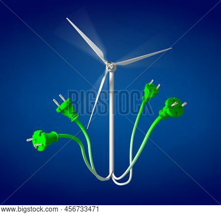 3d Illustration Of Wind Turbine Connected To Four European Power Plugs