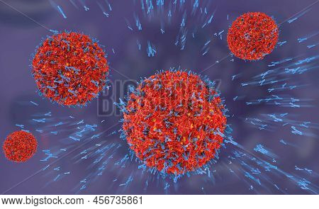 3d Illustration Of Antibodies Attacking Virus Cell Into The Bloodstream