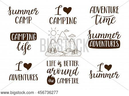 A Set Of Handwritten Phrases For Summer, Vacation, Tourism, Hiking, Adventure, Camping. Hand Letteri