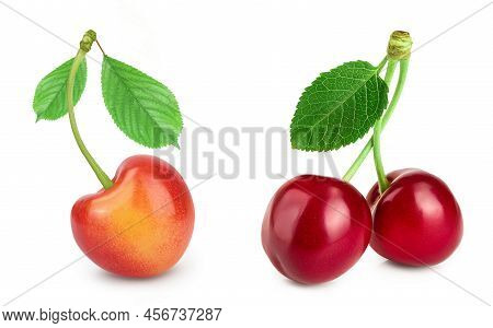 Yellow And Red Sweet Cherry Isolated On White Background With Full Depth Of Field. Set Or Collection