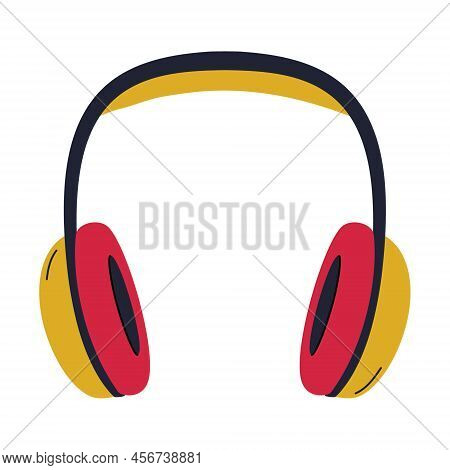 Professional Studio Over-ear Headphones With Large Red-yellow Ear Pads. Equipment For Podcasting, On