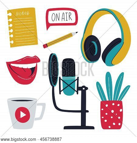 A Set Of Elements Symbolizing Recording Of A Podcast, Radio Show, Online Show. Microphone With Conde
