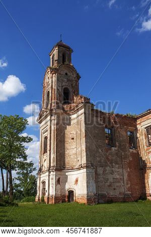 Old Destroyed Church. Ruins Of  Catholic Church. Bell Tower Of The Destroyed Old Church. Historical 