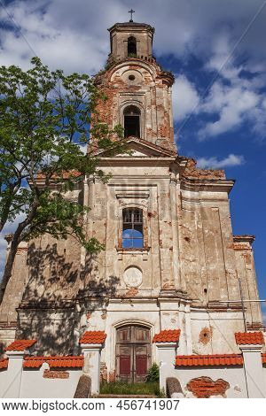 Old Destroyed Church. Ruins Of  Catholic Church. Bell Tower Of The Destroyed Old Church. Historical 