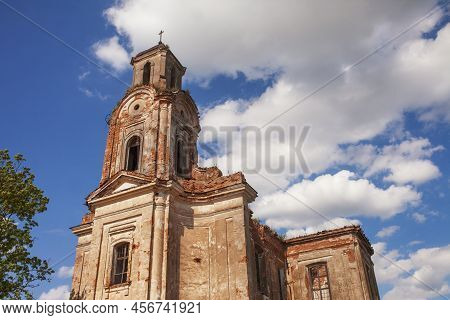 Old Destroyed Church. Ruins Of  Catholic Church. Bell Tower Of The Destroyed Old Church. Historical 