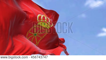 The Navarre Flag Waving In The Wind On A Clear Day. Navarre Is An Autonomous Community And Province 