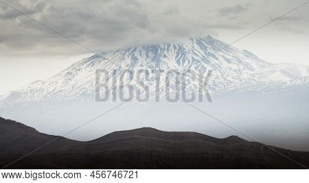Panning Panorama Ararat Mountain Peak Close Up With Clouds In Turkey