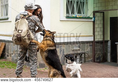Military Father Meeting With Daughter And Dogs