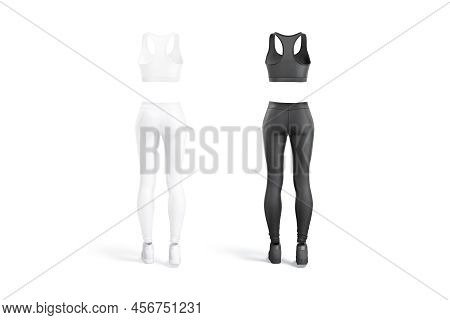 Blank Black And White Women Sport Uniform Mockup, Back View, 3d Rendering. Empty Racerback Bra And S