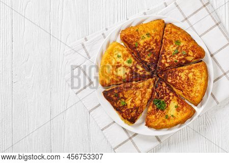 Potato Farls, Irish Potato Cakes, Potato Bread On White Plate On White Wooden Table, Horizontal View
