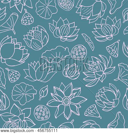 Vector Seamless Blue-green Floral Pattern With Pink Lotus Flowers And Leaves. Hand Drawn Seamless Ba