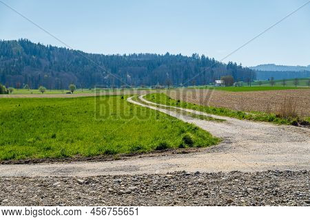 Countryside In Switzerland, Spring Landscape. Background Nature