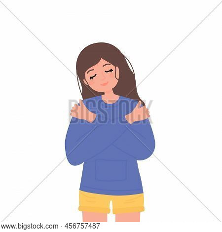 Young Beautiful Female Wearing Casual Sweater And Yellow Shorts. Hugging Oneself Happy And Positive,