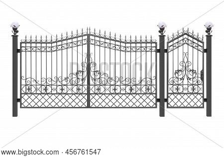 Forged Gates And Door With Ornament.  Front Of The House. Isolated Over White Background.