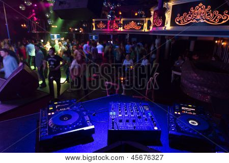 The empty place with equipment for DJ mixes music
