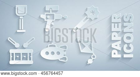 Set Submarine Toy, Magic Wand, Drum With Drum Sticks, Kite, Ray Gun And Shovel Icon. Vector
