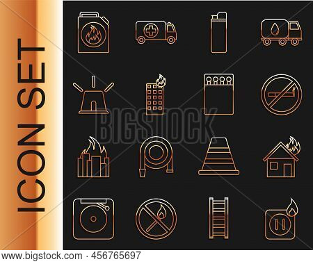 Set Line Electric Wiring Of Socket In Fire, Fire Burning House, No Smoking, Lighter, Building, Flash