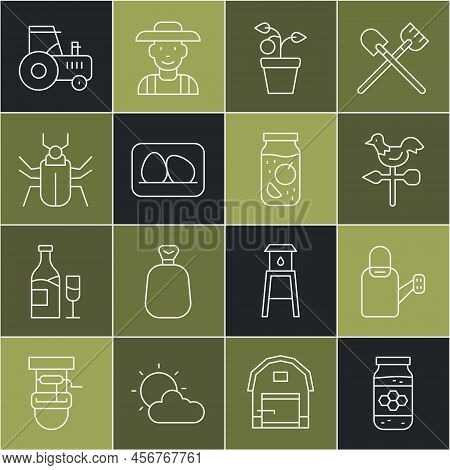 Set Line Jar Of Honey, Watering Can, Rooster Weather Vane, Plant Pot, Chicken Egg, Insect Fly, Tract