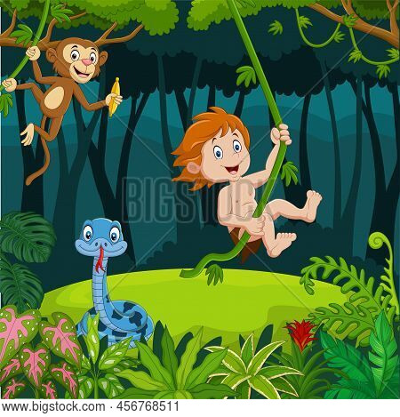 Vector Illustration Of Cartoon Tarzan With Animals In The Jungle