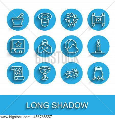 Set Line Magic Scroll, Medieval Goblet, Mortar And Pestle, Fireball, Witch Cauldron, Mantle, Cloak, 