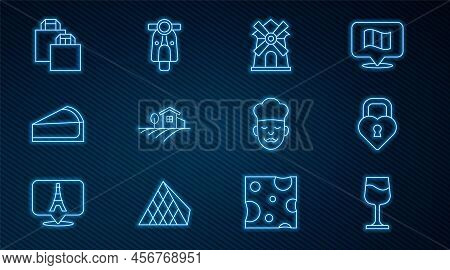 Set Line Wine Glass, Castle The Shape Of Heart, Windmill, Village Landscape, Cherry Cheesecake Slice