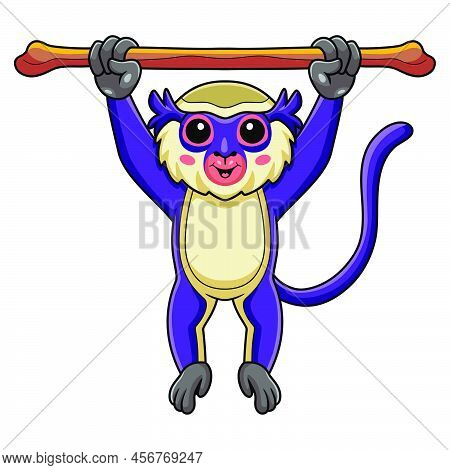 Vector Illustration Of Cute Mona Monkey Cartoon Hanging On Tree