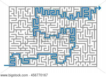 Complex Grey Maze With Blue Solution Look Like Letter S. Labyrynth With Way Answer.