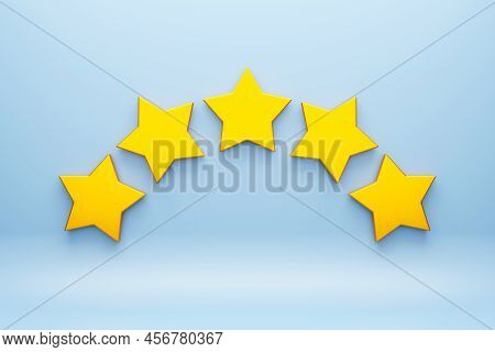 3d Illustration 5 Golden Stars Stands In A Row On Blue Isolated Background. The Concept Of Evaluatio