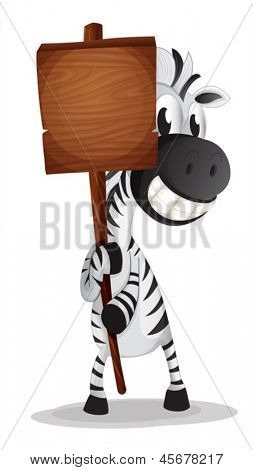 Abbildung eines Zebras hält eine leere hölzernen Schild auf weißem Hintergrund