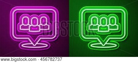 Glowing Neon Line Project Team Base Icon Isolated On Purple And Green Background. Business Analysis 