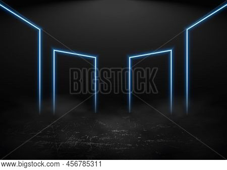 Abstract Futuristic Blue Neon Light Background, Empty Room, Vector Illustration. Abstract Background